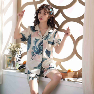 Banana Leaf Lapel Cardigan Pyjamas Home Imitation Silk