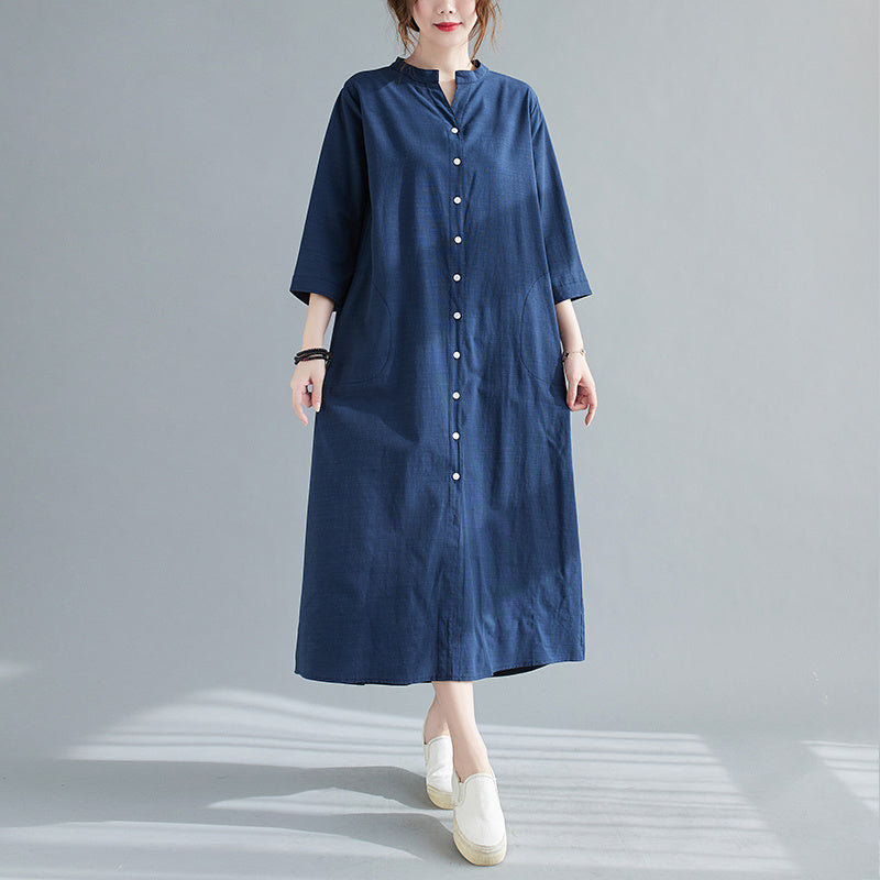 New Spring And Summer Loose Plus Size Women's Linen Over The Knee Long Shirt Skirt Age-Reducing And Thin Temperament Dress