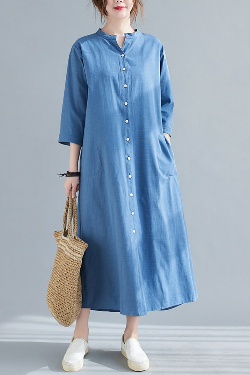 New Spring And Summer Loose Plus Size Women's Linen Over The Knee Long Shirt Skirt Age-Reducing And Thin Temperament Dress