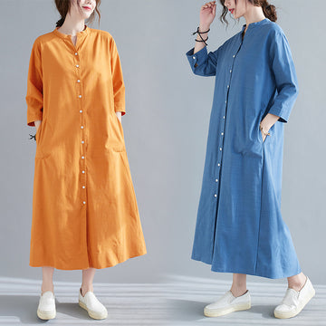 New Spring And Summer Loose Plus Size Women's Linen Over The Knee Long Shirt Skirt Age-Reducing And Thin Temperament Dress