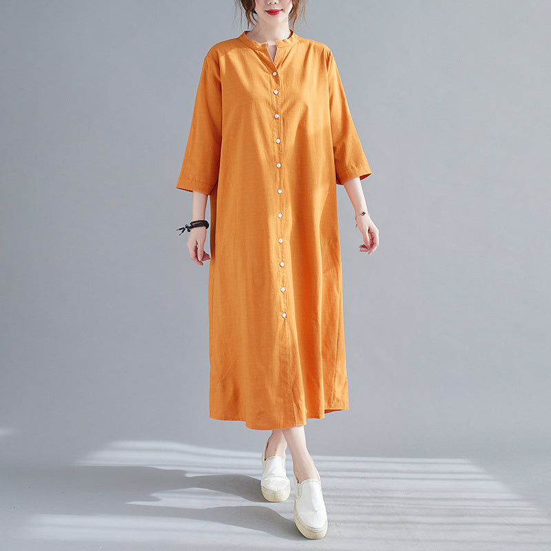 New Spring And Summer Loose Plus Size Women's Linen Over The Knee Long Shirt Skirt Age-Reducing And Thin Temperament Dress