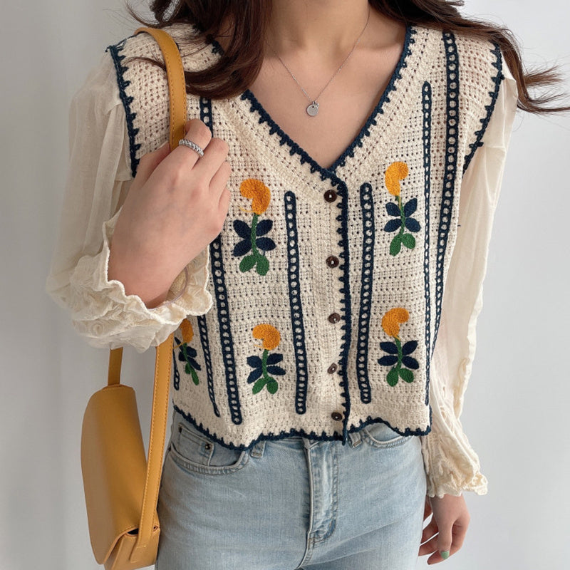 Embroidered Flowers Knitted Stitching Fake Two Long-Sleeved Shirts