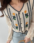 Embroidered Flowers Knitted Stitching Fake Two Long-Sleeved Shirts