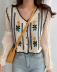 Embroidered Flowers Knitted Stitching Fake Two Long-Sleeved Shirts