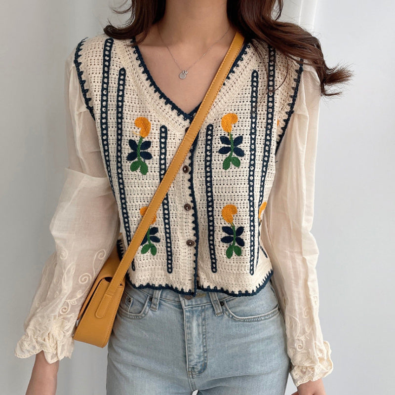 Embroidered Flowers Knitted Stitching Fake Two Long-Sleeved Shirts