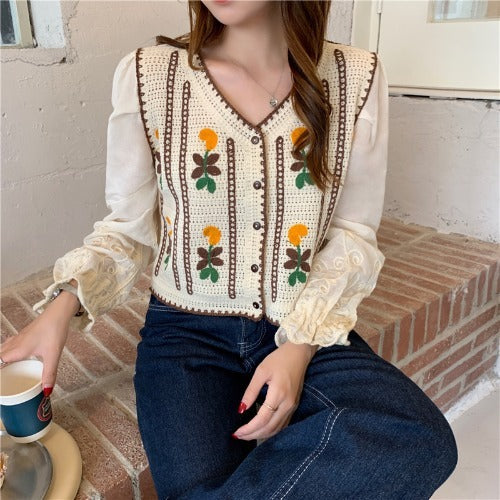 Embroidered Flowers Knitted Stitching Fake Two Long-Sleeved Shirts