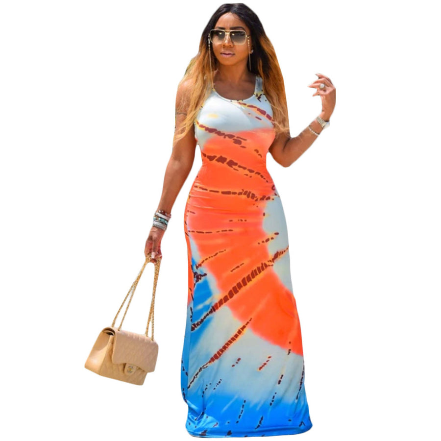 Europe and the United States cross-border boutique women's clothing summer new European and American independent station burst printed dyed dress