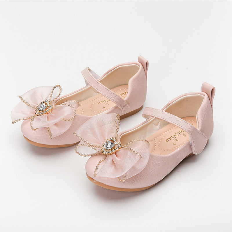 Spring New Girls' Single Shoes Cute Bow Rhinestone Soft Sole Flat Shoes