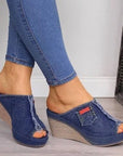 Summer Women Slippers Denim Fish Mouth Shoes Platform High-Heeled Wedge Sandals