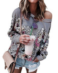 Printed Long Sleeve Sweatshirt Jacket Women