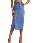 Button Irregular Slit denim High Waist Skirt