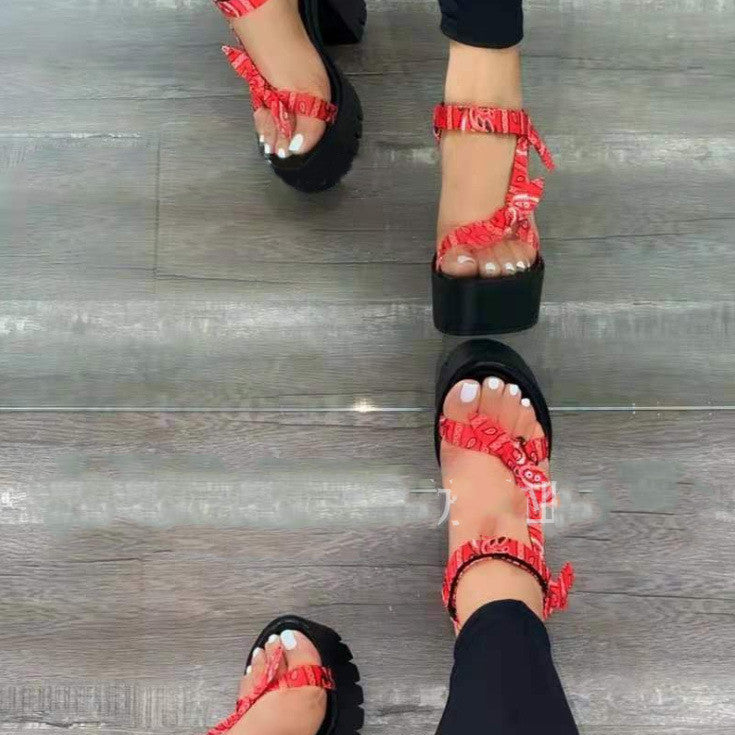 Summer Thick Heel Thick-Soled Cashew Flower Silk Satin Velcro High Heels Women Cross-Border Aliexpress Cross-Border Fashion Sexy Sandals