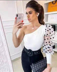 Summer Women Sexy Mesh Tshirt Spring Pullover Top Tees One Shoulder Black Polka Dot Top Tees T-shirts Women