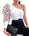 Summer Women Sexy Mesh Tshirt Spring Pullover Top Tees One Shoulder Black Polka Dot Top Tees T-shirts Women