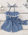 For Cross-Border Infant Spinning Jeans Hanging Neck Jumpsuit Denim Headband Two-Piece Set