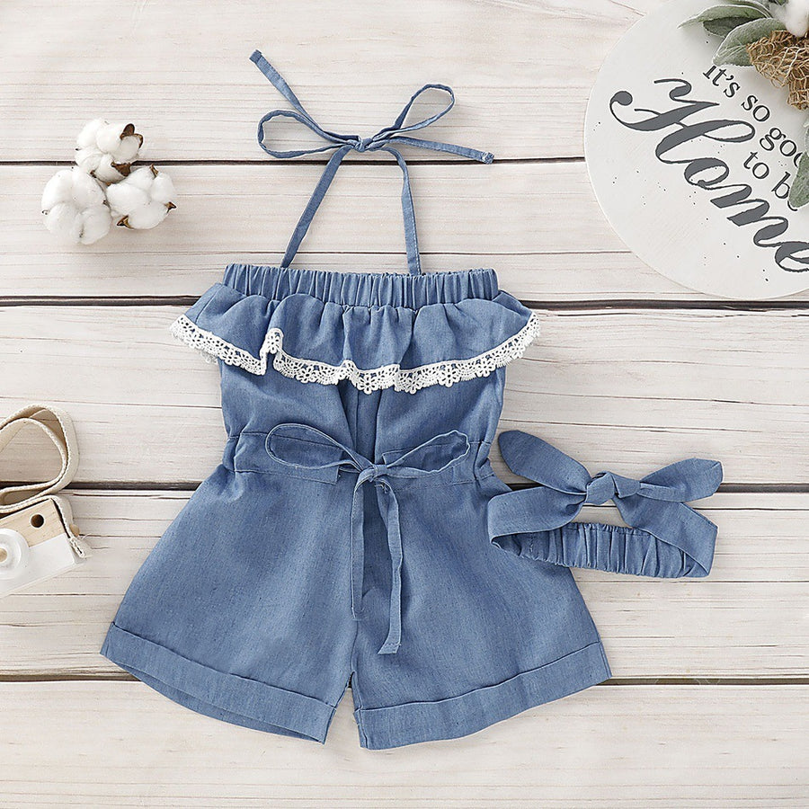 For Cross-Border Infant Spinning Jeans Hanging Neck Jumpsuit Denim Headband Two-Piece Set