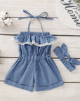 For Cross-Border Infant Spinning Jeans Hanging Neck Jumpsuit Denim Headband Two-Piece Set