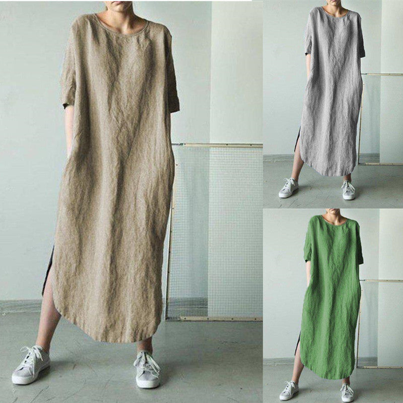 Spring And Summer New Women's Wear Popular In Europe And America Casual Loose Round Neck Mid Sleeve Split Dress In Stock