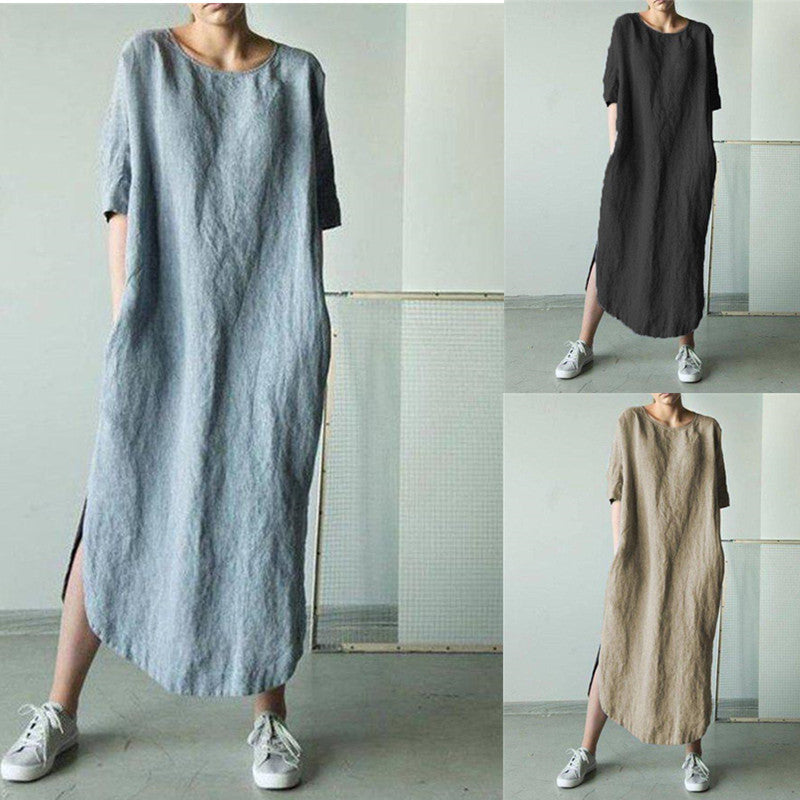 Spring And Summer New Women's Wear Popular In Europe And America Casual Loose Round Neck Mid Sleeve Split Dress In Stock