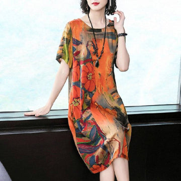 High-Grade Ice Silk Spring And Summer New Short-Sleeved Dress Women's Long Over The Knee Large Size Loose A-Line Skirt