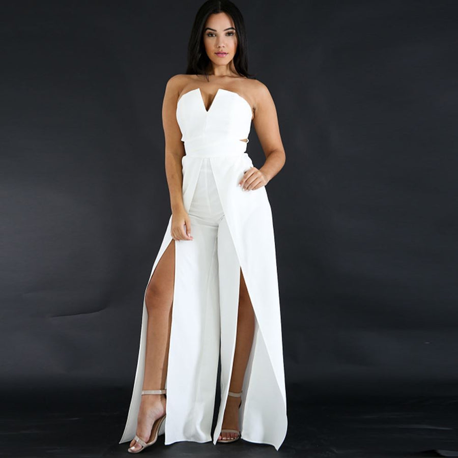 Hollow Long Jumpsuit Women Fashion Zipper Fitted Split Jumpsuit Elegant Breast Wide Leg Jumpsuit