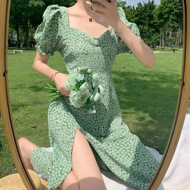 Women"s Summer New French Style Square Collar Floral Dress Korean Style Style Thin Split Bubble Sleeve Skirt