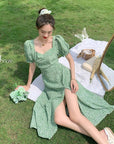 Women"s Summer New French Style Square Collar Floral Dress Korean Style Style Thin Split Bubble Sleeve Skirt