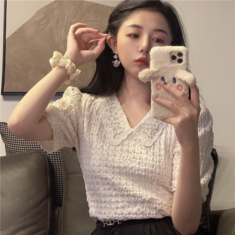 Doll Collar Puff Sleeve Shirt Women Summer New French Sweet Fold Design Niche Short-sleeved Top