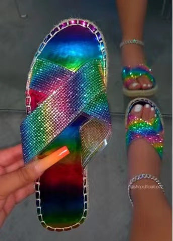 Summer New Style Colorful Rhinestone Outer Wear Beach Sandals And Slippers Women