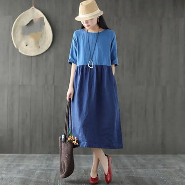 Spring And Summer New Retro Mid-length Skirt A-line Skirt Literary Age Reduction Contrast Color Stitching Large Swing Loose Dress