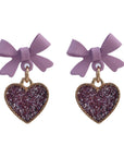 New Korean Style Purple Bow Sequin Love Heart Clip On Earrings Sweet