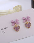 New Korean Style Purple Bow Sequin Love Heart Clip On Earrings Sweet