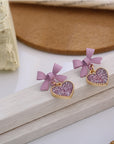 New Korean Style Purple Bow Sequin Love Heart Clip On Earrings Sweet