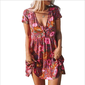 Printed V-neck Short-sleeved Dress Women