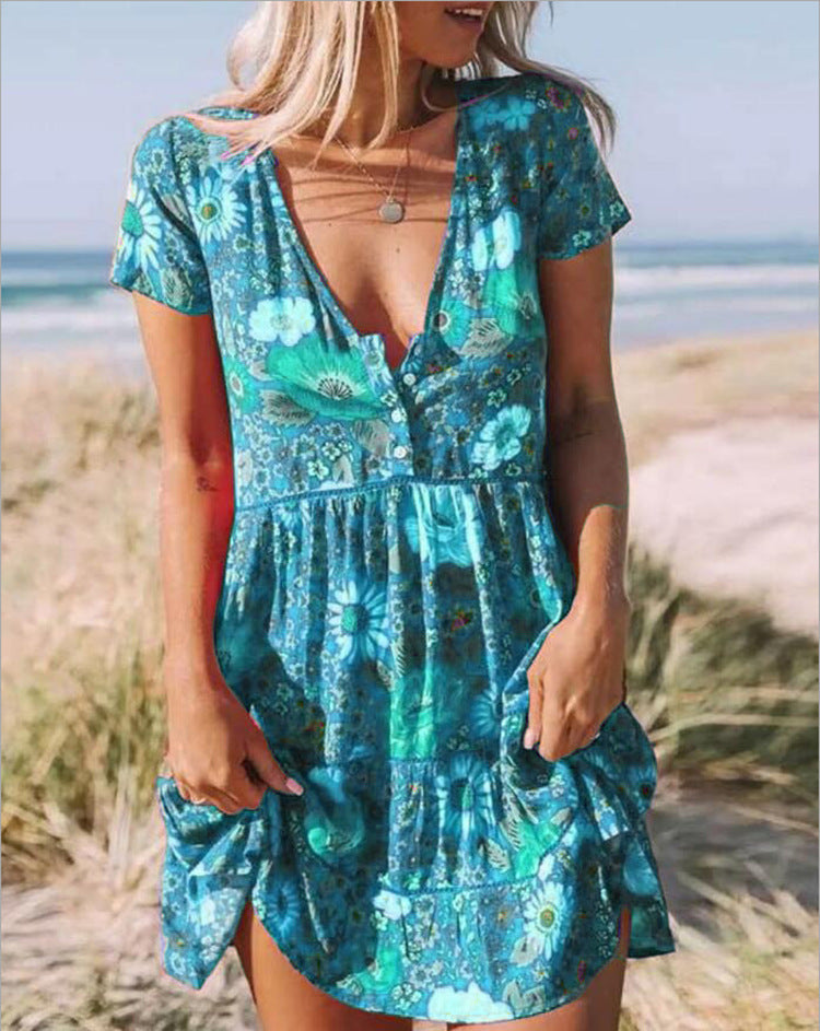 Printed V-neck Short-sleeved Dress Women