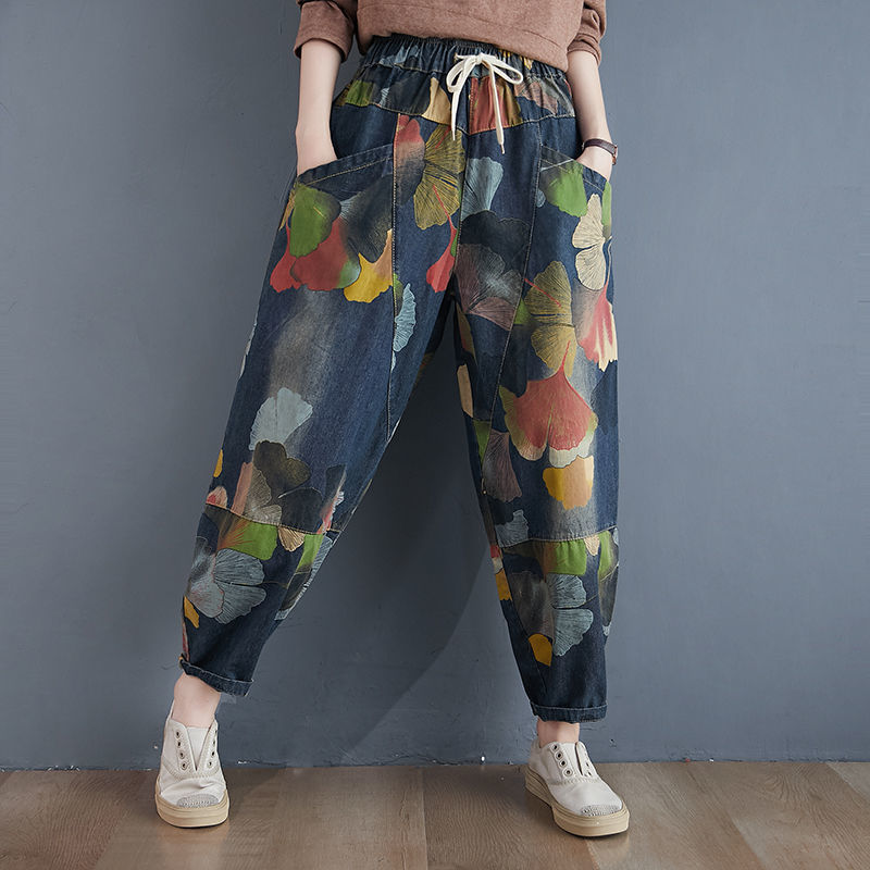 Women's Retro Loose Plus Size Print Jeans