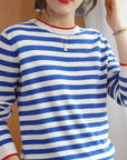 Round Neck Striped Sweater Women's Cotton Long Sleeve T-shirt Navy-striped Shirt Loose Bottoming T-Shirt