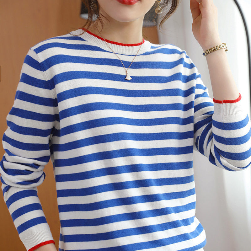 Round Neck Striped Sweater Women's Cotton Long Sleeve T-shirt Navy-striped Shirt Loose Bottoming T-Shirt