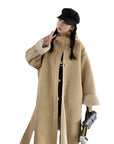 Windproof Stand Collar Hooded Loose Single-breasted Khaki Retro Fur Coat