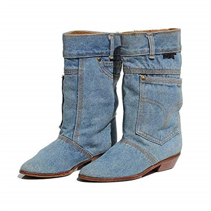 Mid-waist Low Heel Denim Boots