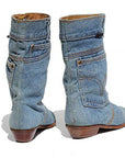 Mid-waist Low Heel Denim Boots