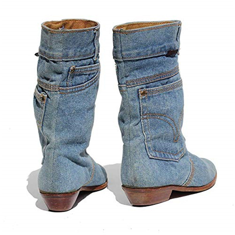 Mid-waist Low Heel Denim Boots