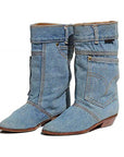 Mid-waist Low Heel Denim Boots