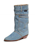 Mid-waist Low Heel Denim Boots