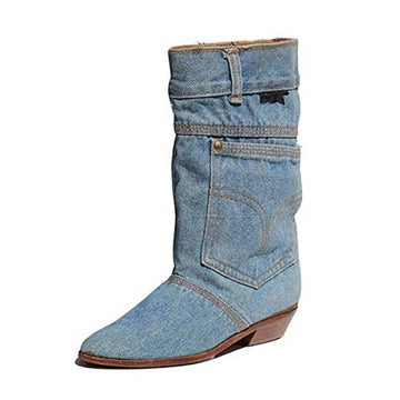 Mid-waist Low Heel Denim Boots