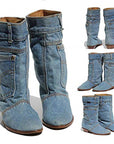 Mid-waist Low Heel Denim Boots