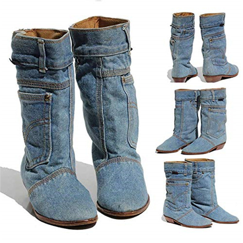 Mid-waist Low Heel Denim Boots