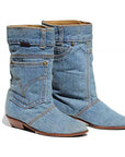 Mid-waist Low Heel Denim Boots