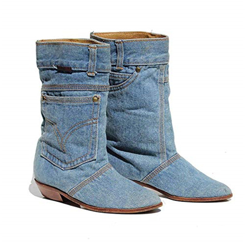 Mid-waist Low Heel Denim Boots