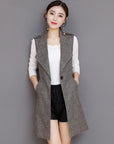 Plaid Long Blazer Vest Women Sleeveless Jacket